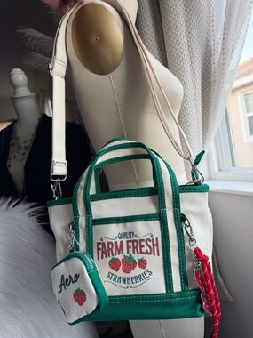 Aeropostale Cream Canvas Tote Crossbody with Green Trim and Red Strawberry Charm